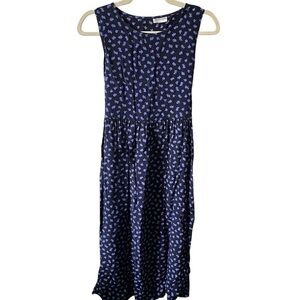 VINTAGE Navy Blue Floral Sleeveless Midi Dress with tie XS/S